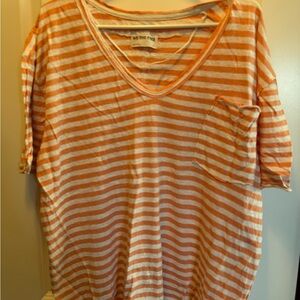 Free People Orange and White Striped Linen Blend V-Neck Top